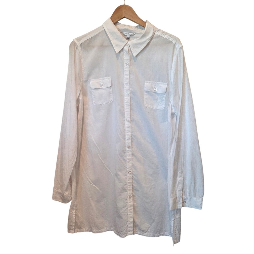 Croft & Barrow Lightweight Button Down 100% Cotton White Tunic Shirt Coastal XXL